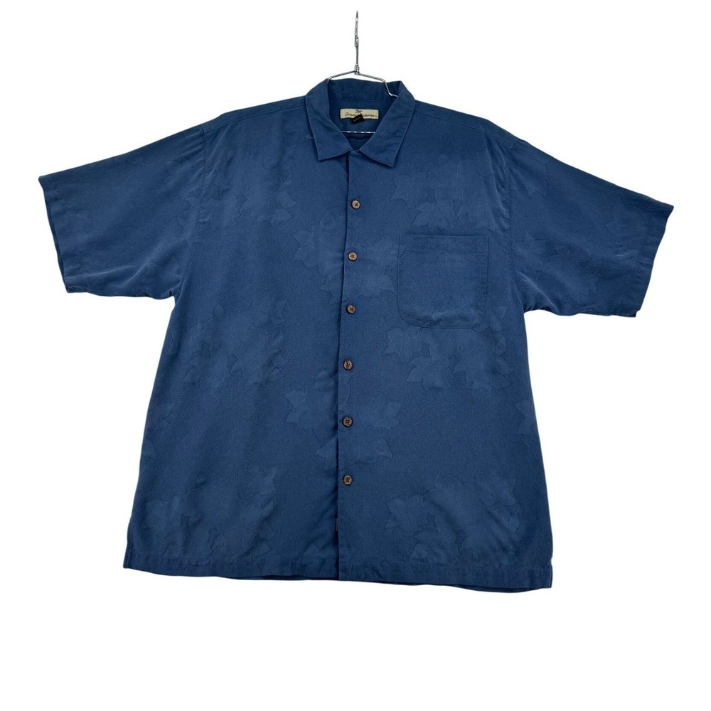 Tommy Bahama Shirt Mens L Blue Silk Jacquard Floral Camp Short Sleeve Excellent